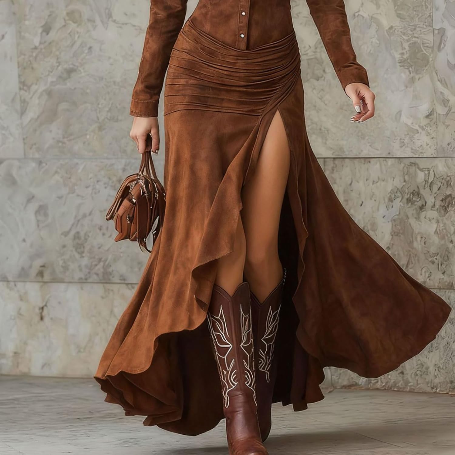 Womens Western Suede Maxi Dress Collared Retro Long Sleeve Irregular Fishtail Ruffle Hem Long Dress V Neck Patchwork Dresses