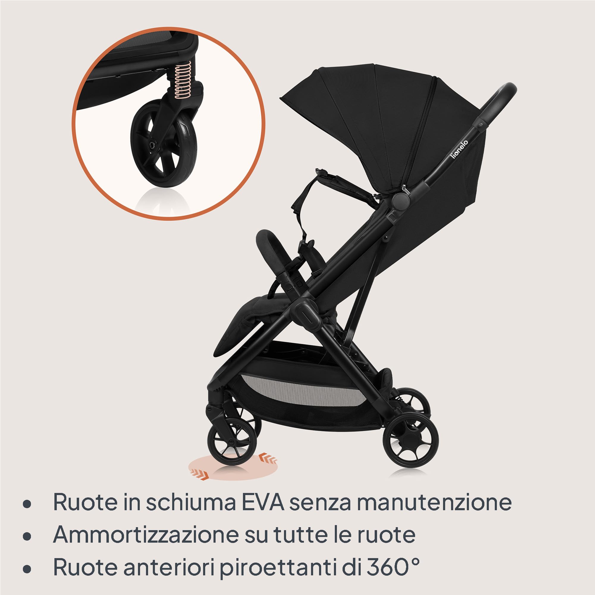LIONELO Julie Air Passeggino da Viaggio per Aereo da 6 Mesi a 4 Anni | Fino a 22 kg, Leggero e Pieghevole con Una Mano, Ruote Girevoli a 360° con Sospensioni, Schienale Regolabile, UPF50+