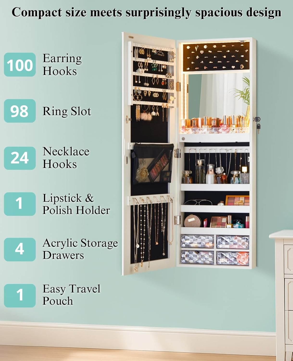 LUXFURNI LED Lights Mirror Jewelry Cabinet Wall Mounted or Door-Hanging, 42" Full Length Mirror with Storage, Built-in Makeup Mirror, Lockable Jewelry Mirror Organizer, White - Image 2
