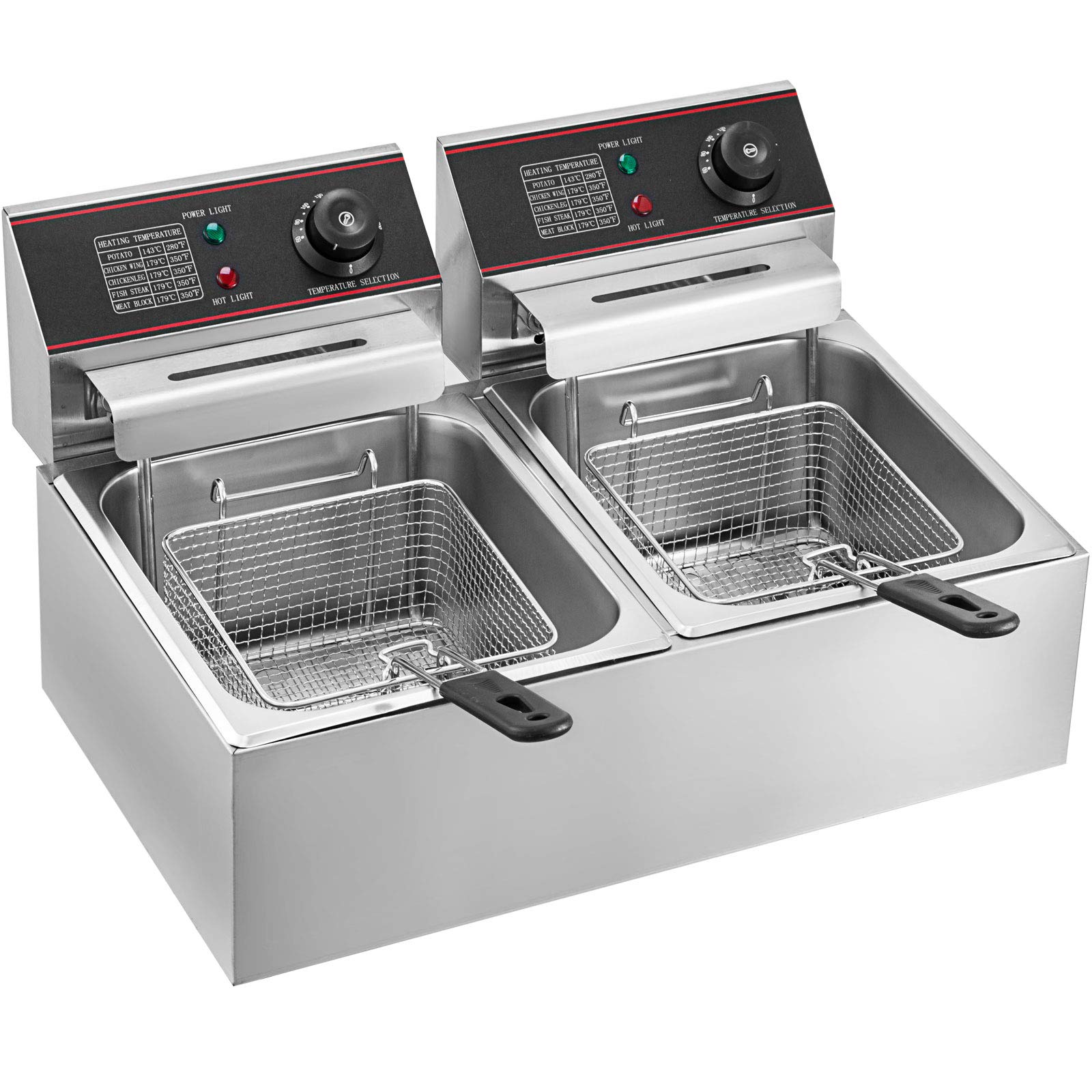 Freidora 12L Eléctrica INOX, Freidora Comercial de Acero Inoxidable, Doble Depósito 5000W