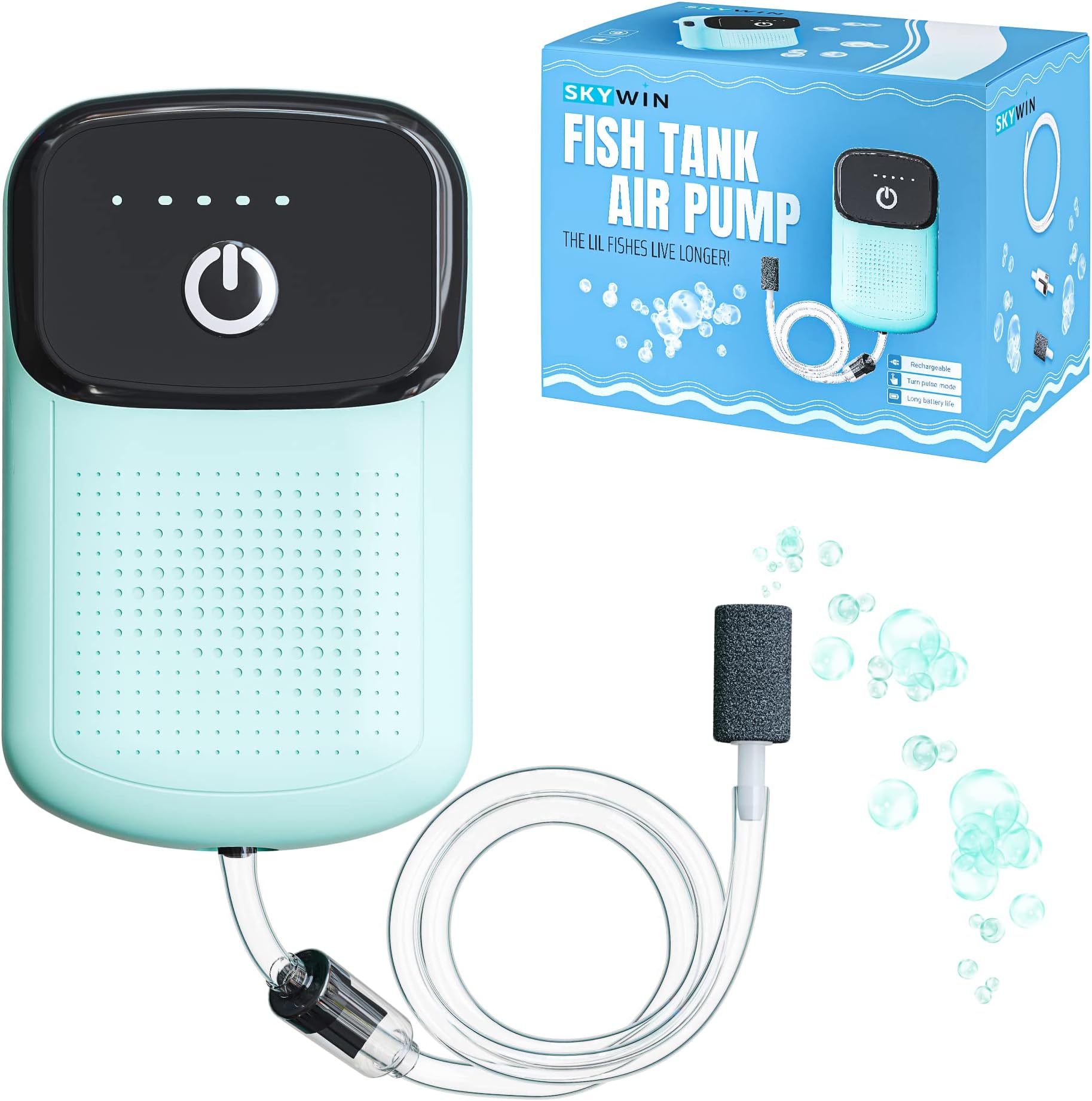 Skywin Portable Aerator for Fish,USB Rechargeable Live Bait Aerator 18–32H Battery, Keeps Bait Alive Anywhere, Quiet Aquarium Water Pump for Buckets, Coolers, Aquariums, Salt & Freshwater