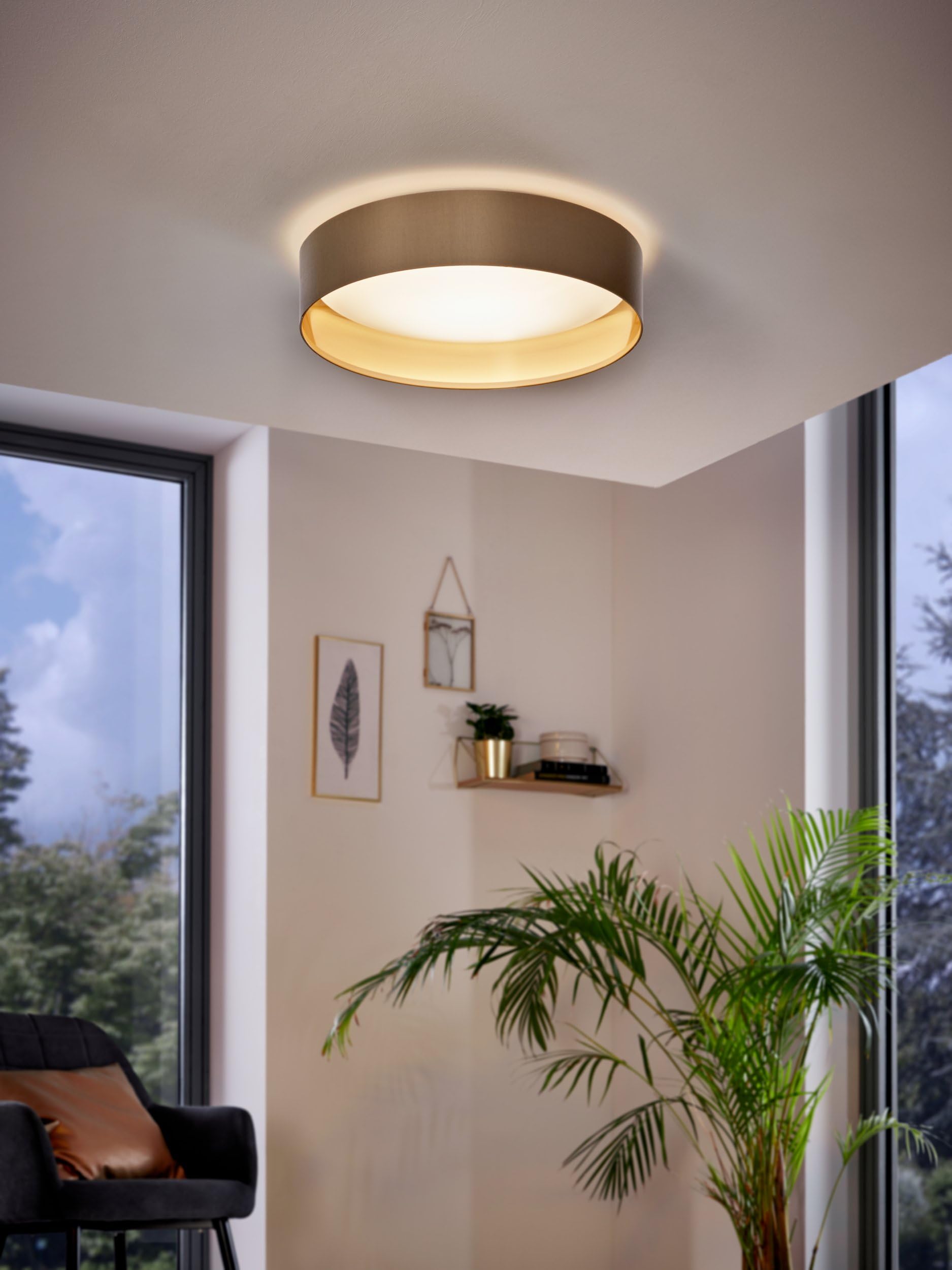 EGLO LED Deckenlampe Maserlo 2, Textil Deckenleuchte | Wohnzimmerlampe Decke aus Stoff in gold und taupe, Kunststoff in weiß, warmweiß, Ø 38 cm