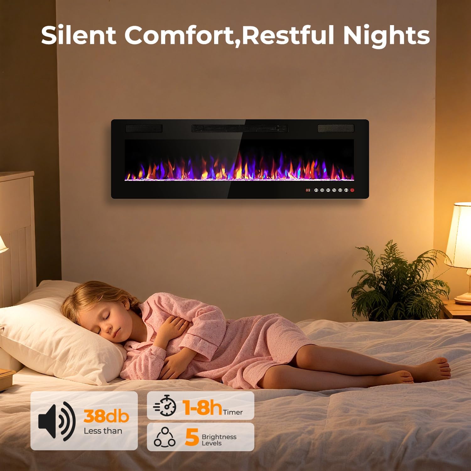 68" Ultra-Thin Electric Fireplace Recessed and Wall Mounted,Realistic & Adjustable Flame, 750/1500W Fireplace Heater with Remote Control, Linear Fireplace with Timer, Low Noise