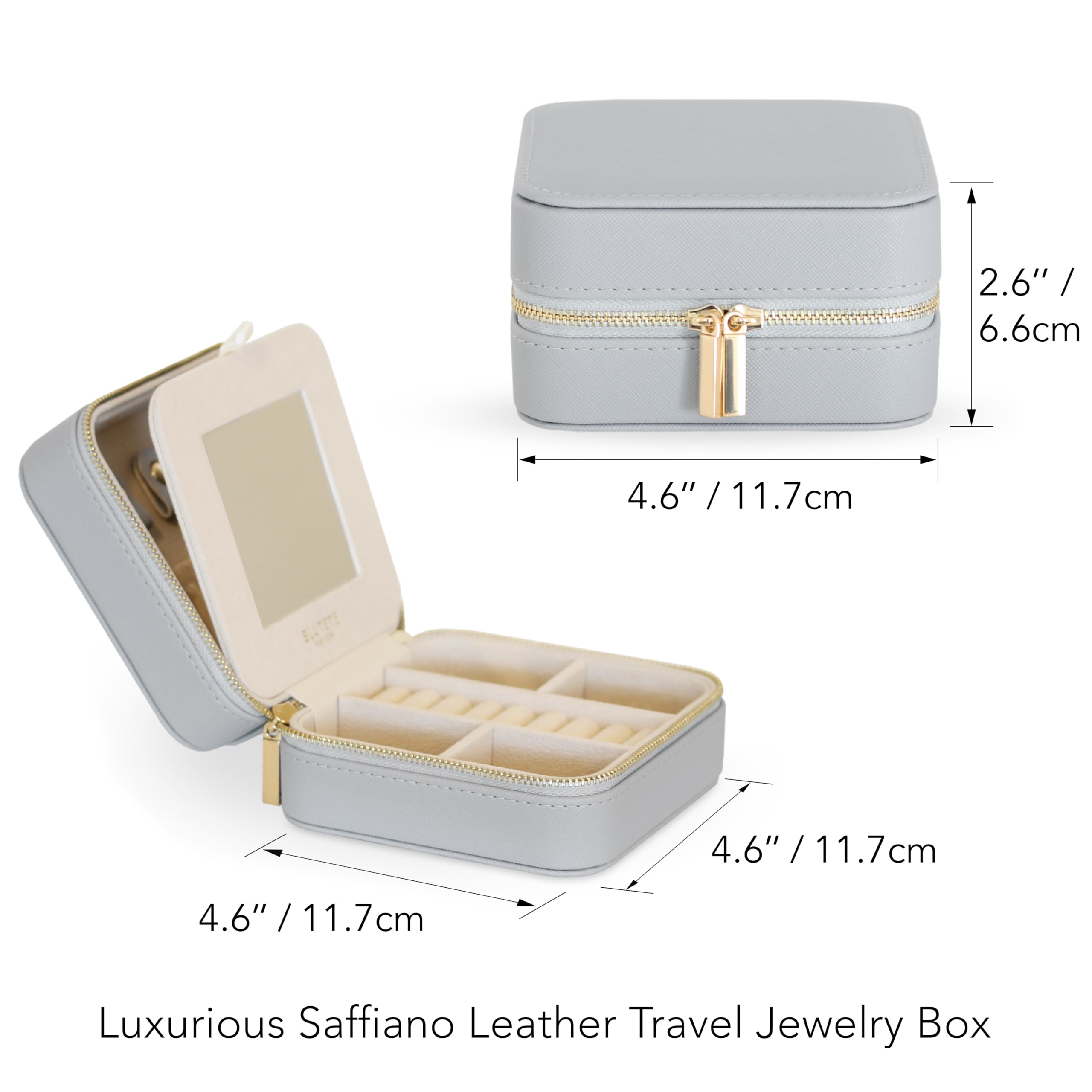 Reise-Schmuckschatulle aus Saffiano-Leder mit Spiegel | tragbare Schmucktasche mit Reißverschluss | mehrere Fächer Schmuck-Organizer für Frauen | Beliebtes Geschenk Schmuckschatulle Ringe