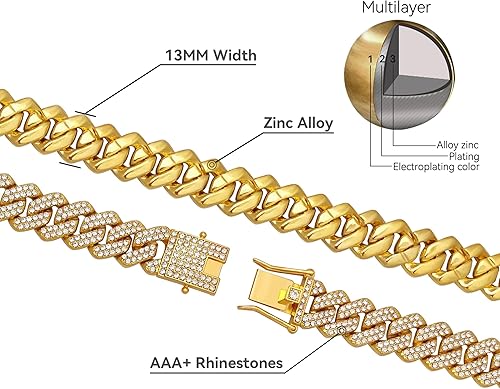 Miniatura 3 de Cadena de eslabones cubanos para hombre, 0.51 pulgadas de ancho, plataoro, cadena cubana AAA+, diamantes de imitación, aleación de zinc, cadenas de