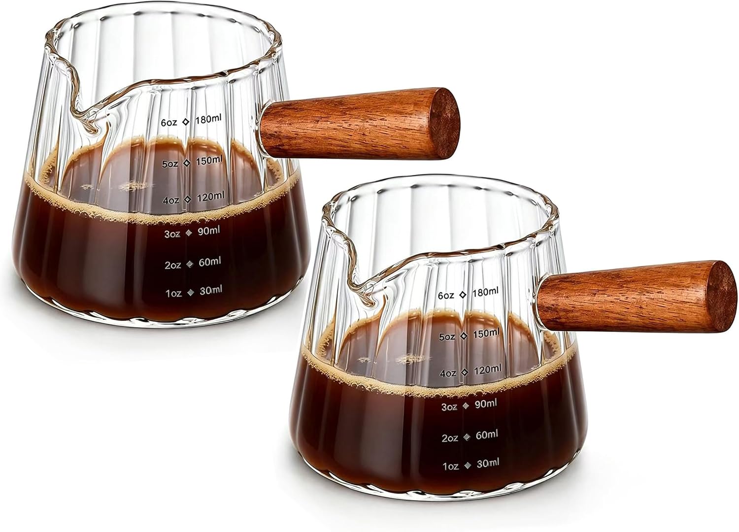 6 oz Espresso Cups - Glass Measuring Cups with Spout - Ribbed Small Creamer Pitcher- Expresso Shots Cup with Wood Handle for Coffee Milk, Dishwasher Safe (Transparent, 2 pack)