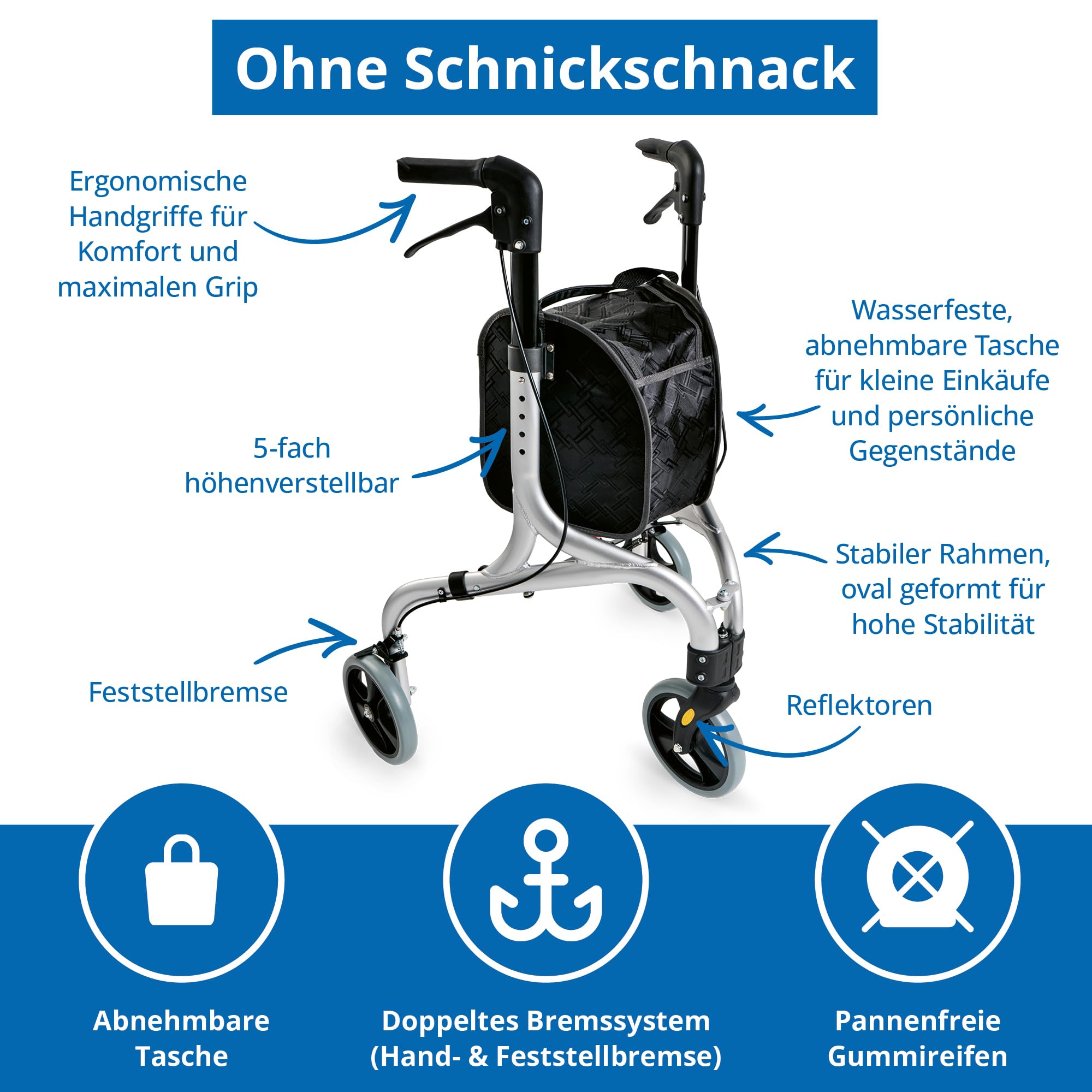 Weinberger 3 Rad Rollator faltbar & leicht, 4,2 kg | 68 cm breit, Tasche | Wendiger & höhenverstellbarer Indoor & Outdoor Dreiradrollator für Senioren | Gehhilfe, Laufhilfe