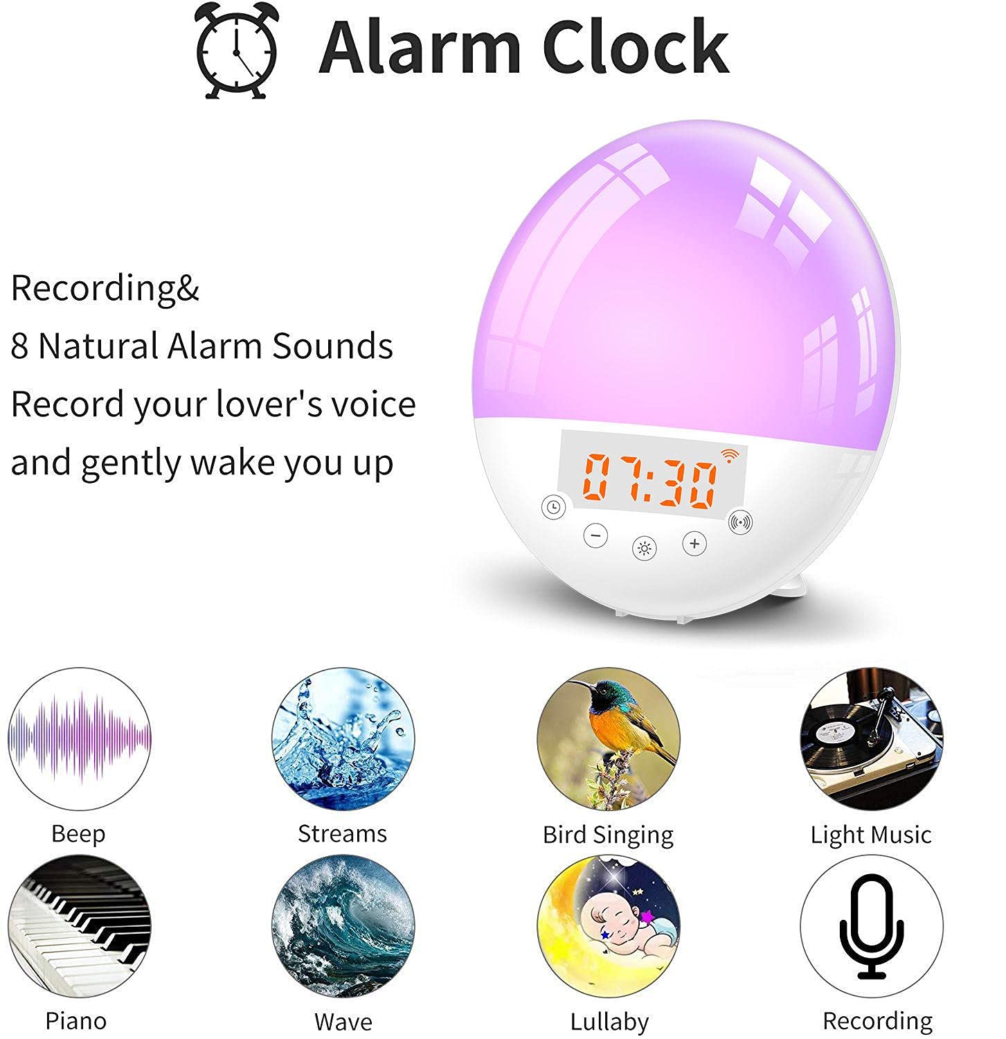 Sunrise budzik z funkcją Smart Wake Up Light Work, cyfrowy budzik z symulacją wschodu słońca, funkcja drzemki / radio FM, 7 dźwięków naturalnych i 4 alarmy dla dorosłych i dzieci (7 kolorów)