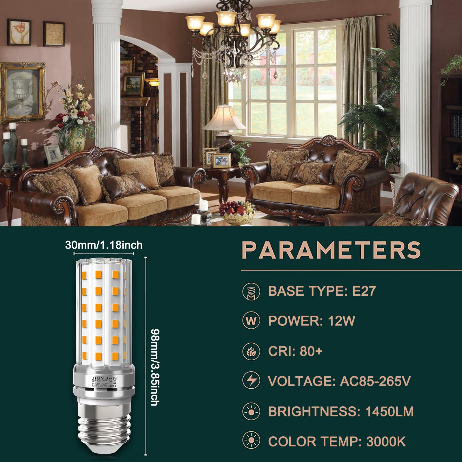 JIUYUAN 4 Pezzi 12W LED E27 Lampadine LED di mais, 100W equivalenti a incandescenza, Luce Bianca Calda 3000K 1450LM, CRI>80+, non dimmerabile, Nessun Sfarfallio, Edison mais Lampadina