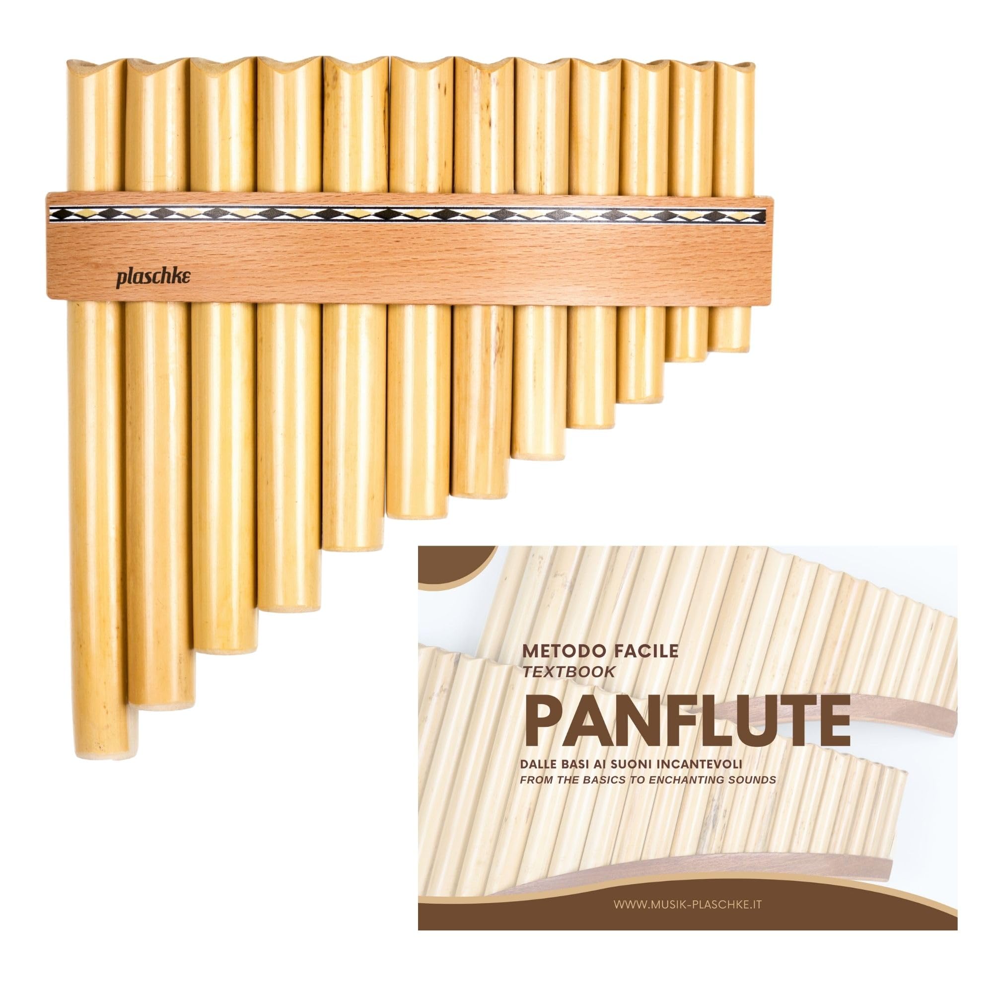 Flûte de Pan Plaschke avec ceinture en bois, fait à la main avec livre d’instructions, 12 tubes-Do