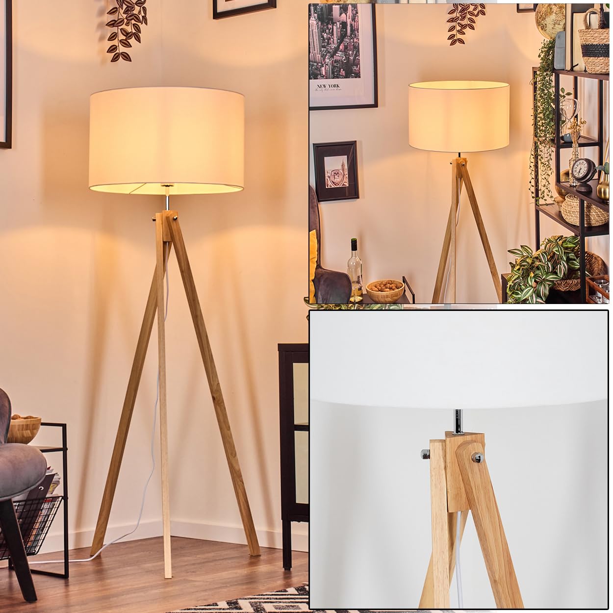 Stehleuchte Flemming, Stehlampe aus Holz/Stoff in Naturfarben/Weiß, Leuchte im modernen Boho-Style, skandinavisces Design (Ø50 cm), Höhe 151 cm, mit Fußschalter, 1 x E27, ohne Leuchtmittel