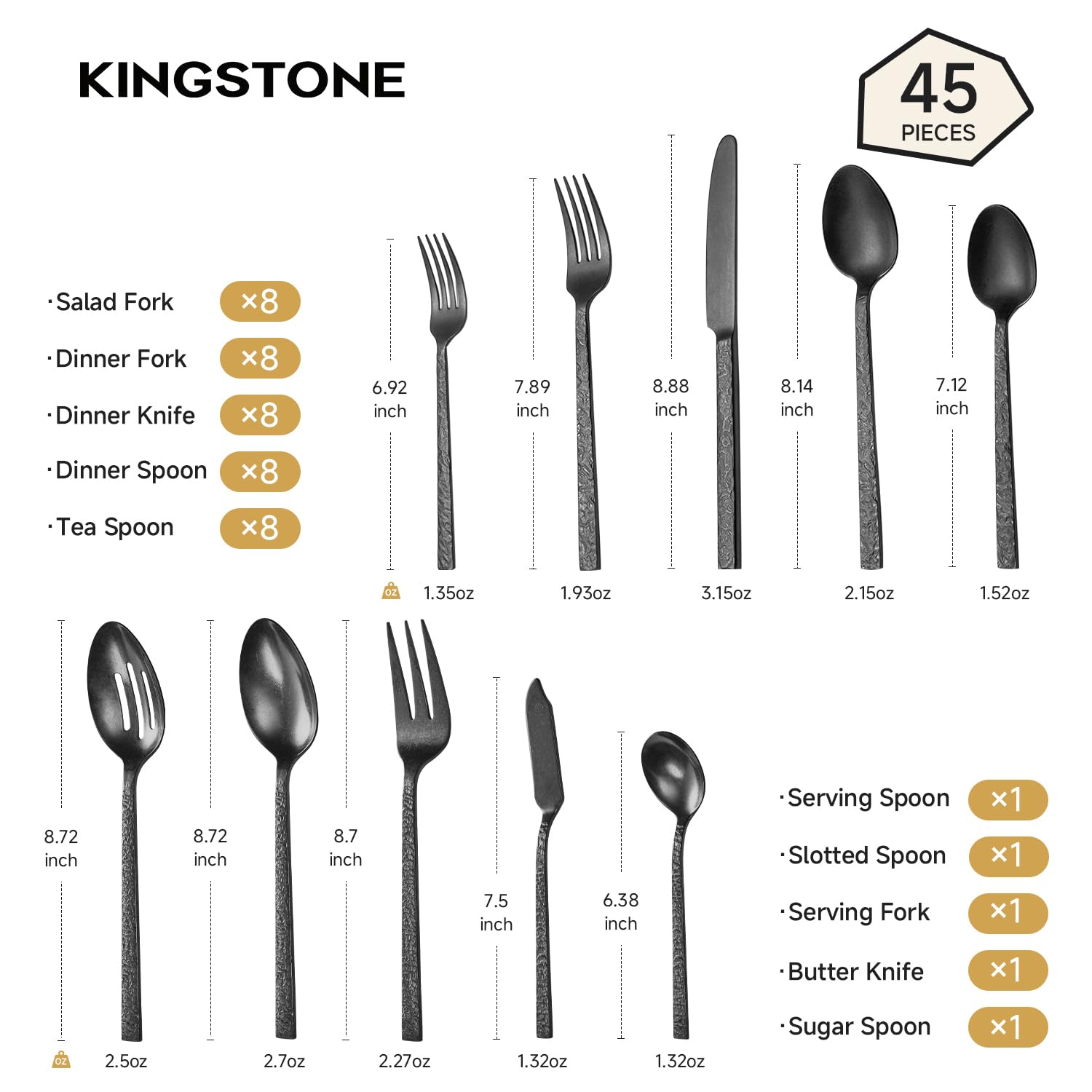 Black Hammered Silverware Set - 45 Pcs for 8 -2
