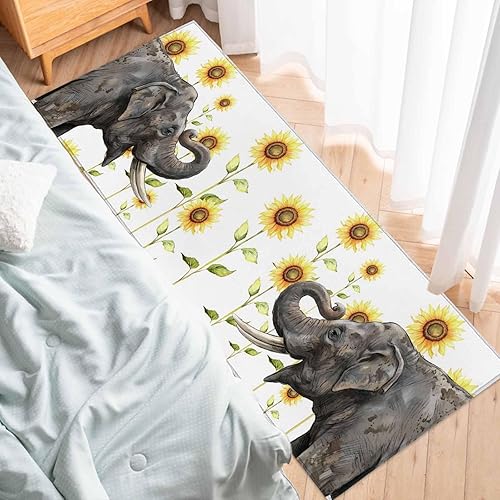 Miniatura 4 de SEVENBABU Kitchen Mat and Rug Set of 2 Non Slip Floor Mats Happy Elephant Sunflower Watercolor Background Absorbent Rug Set Sink Kitchen Mats