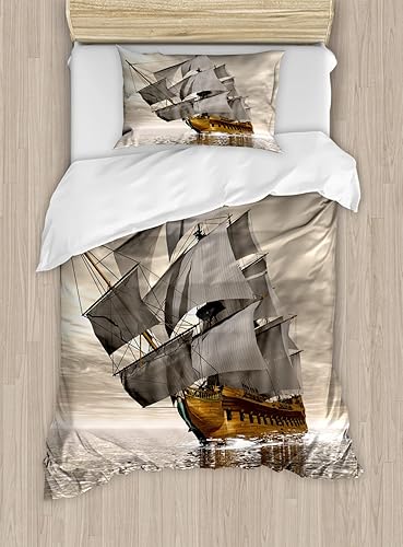 Miniatura 237 de Ambesonne Juego de funda de edredón de brújula, ilustración de mapa del mundo, marinero marítimo, equipo de vida monocromático, juego de ropa