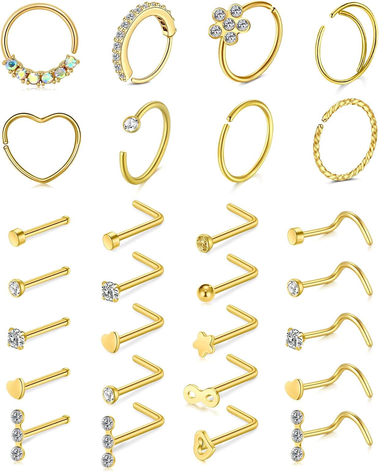 20g Nose Rings Hoops And Studs For Women Men - Hypoallergenic 316L Surgical Stainless Steel L Shape Nose Screw Bone Silver Rose Gold Black Rainbow Pack 28Pcs