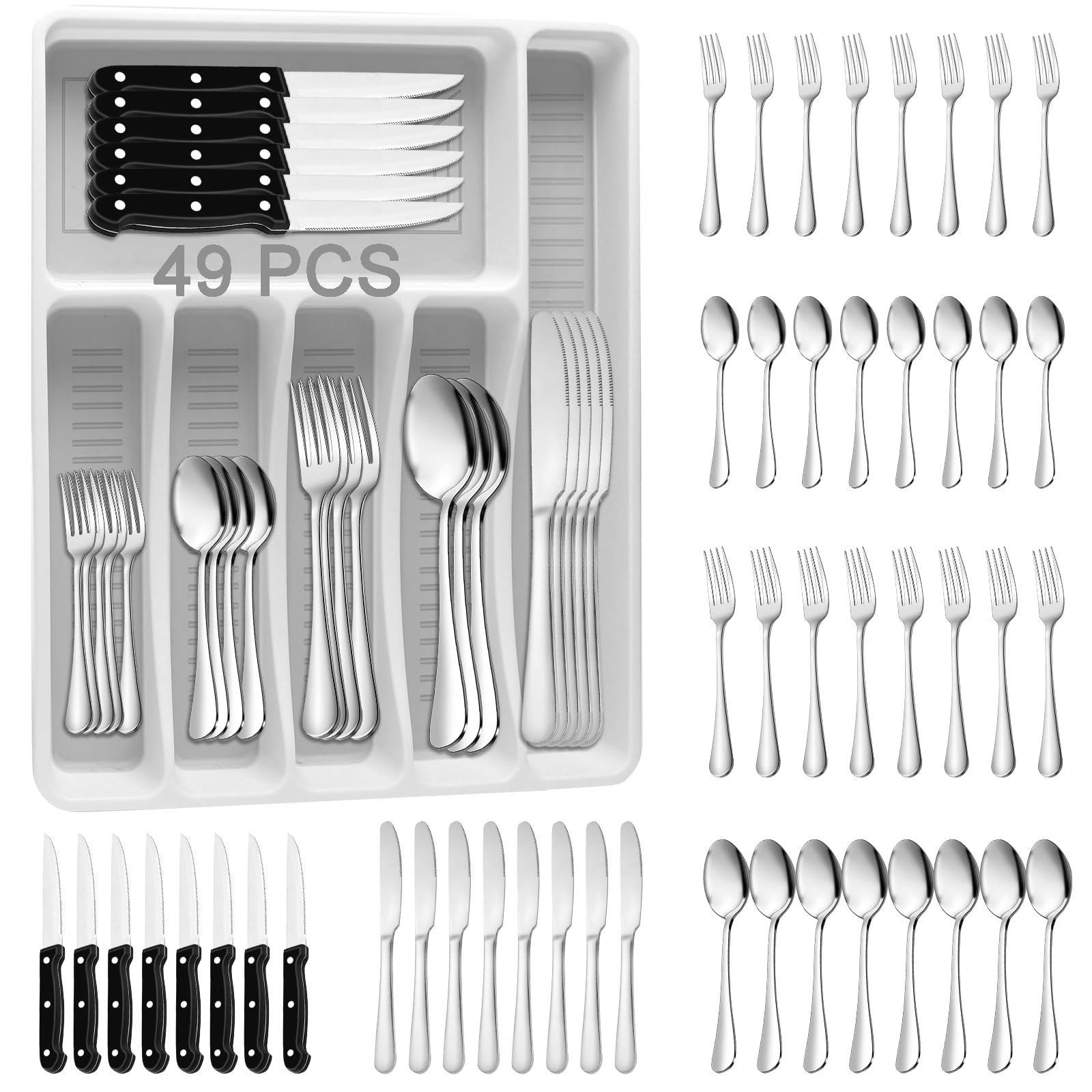 49PCS Silverware Set with Organizer, Stainless Steel Flatware Drawer Cutlery Set for 8, Kitchen Utensils with Steak Knives Mirror Polished Dinner Knife Forks Spoons Tableware Service Tray