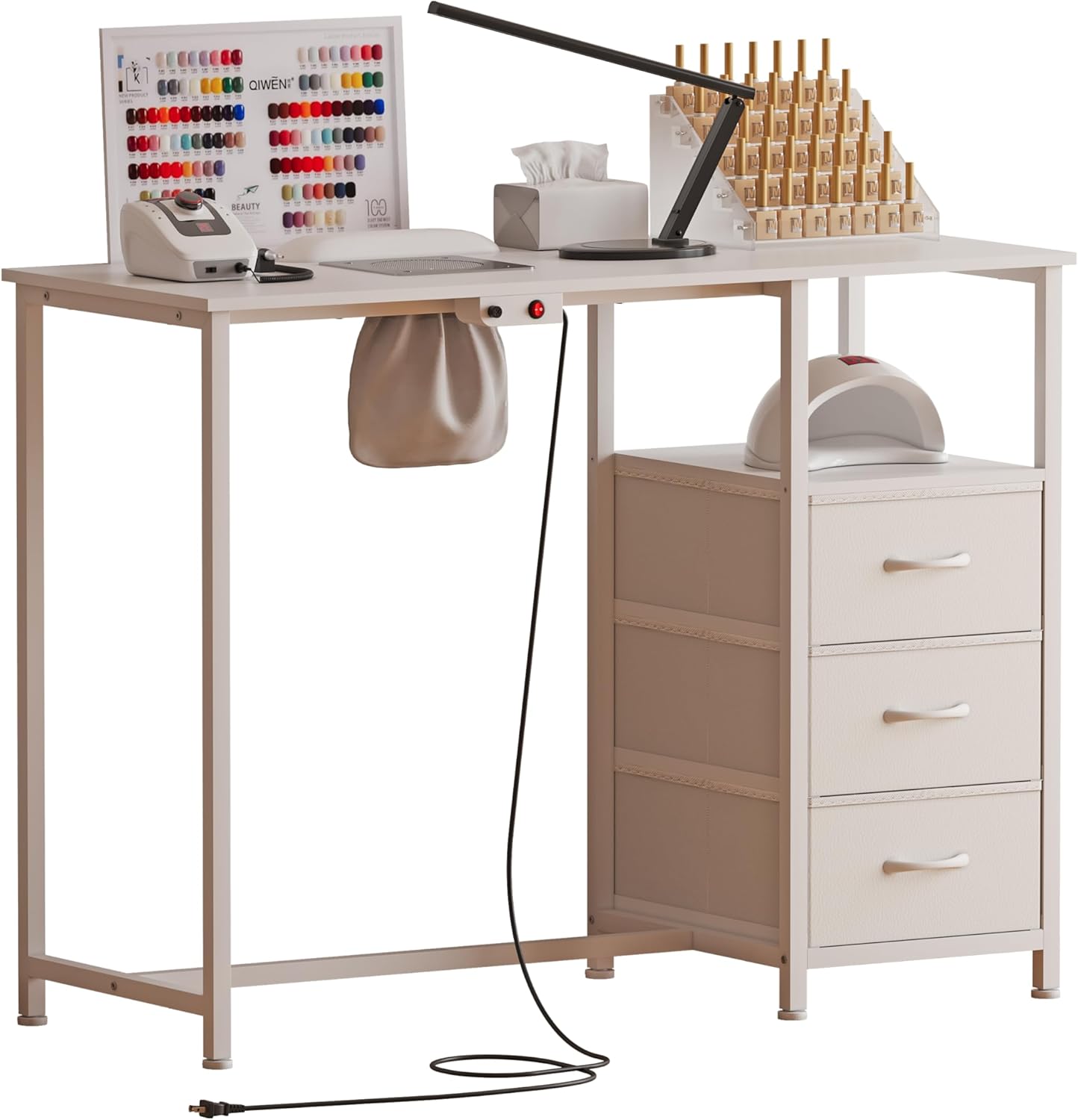 Nail Table with dust Collector，Small Manicure Table with Drawers for Nail tech，Nail Station with Open Shelf for Home,Workshop,Makeup Beauty Salon Workstation (White)