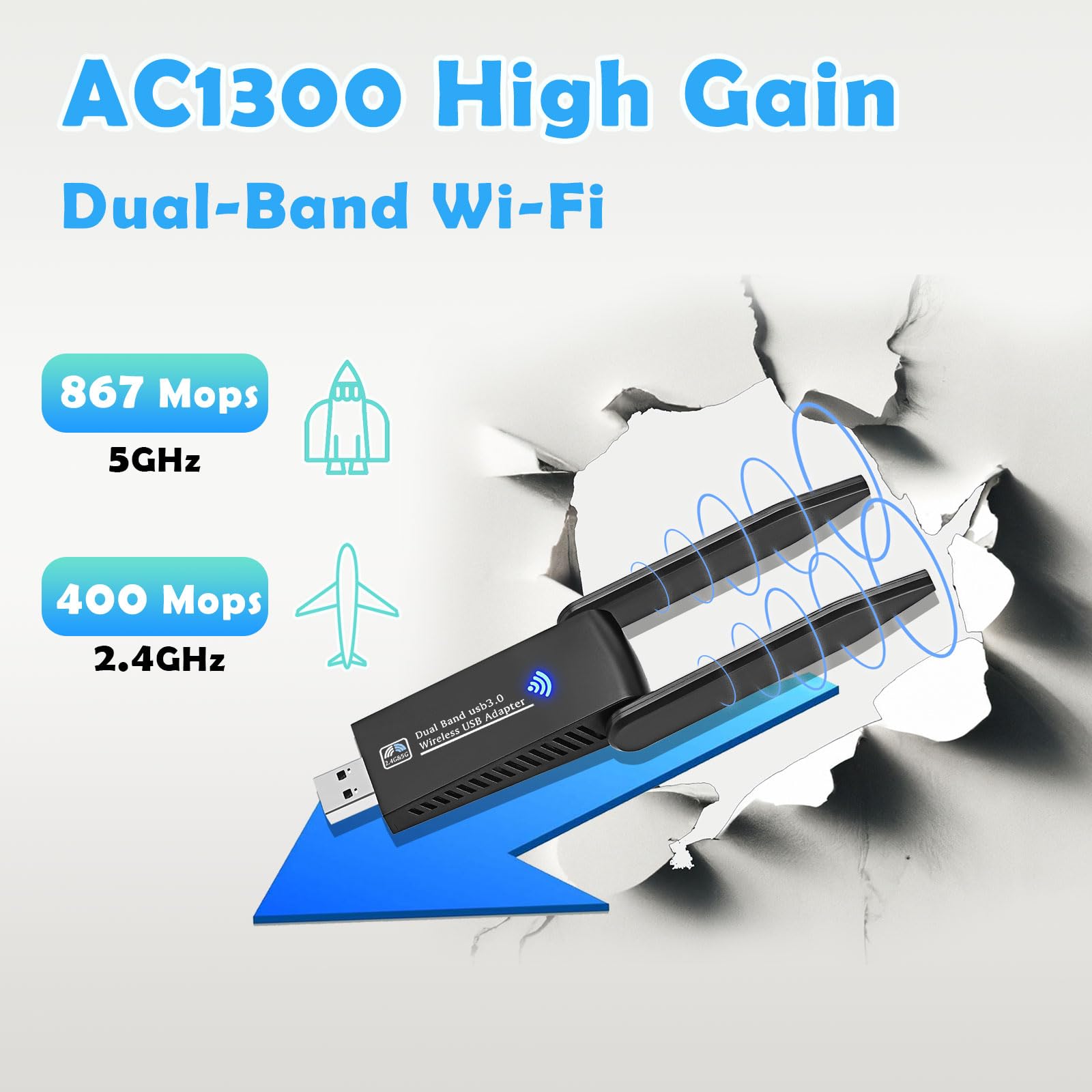 Chiavetta WiFi USB 1300Mbps Dual Band 5GHz 2.4GHz 5dbi Alto Guadagno 2 Antenne USB 3.0 per PC Windows 11 10 8 7 Vista XP