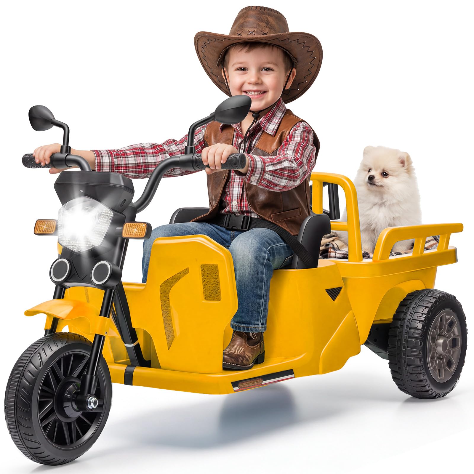 Garvee 12V Electric Kids Ride on Car, Battery Powered Ride On Motorbike for Children 3-8 Years, 3-Wheel Electric Trike with Music, LED Lights, Horn, Dump Truck Storage Trailer, Yellow