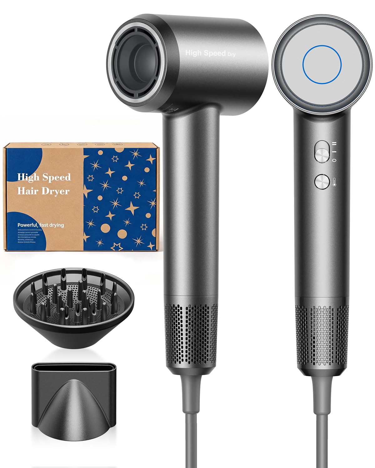 Profi Föhn Ionen Fön Haartrockner Hair Dryer Haarföhn mit 1 Diffusor 2 Stylingdüse, 3 Heiz und 2 Geschwindigkeitsstufen, 1.9 Meter langes Netzkabel, Starker Fön für Familie (blau) (Hellblau)