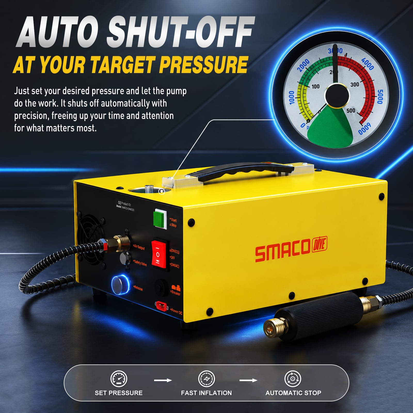 SMACO Compresor PCP 4500PSI Compresor de Aire de Alta Presión 300Bar Portátil para Botellas de Buceo Carabinas PCP y Paintball Parada Automática Doble Voltaje(12VDC/220VAC)Separador de Agua Integrado