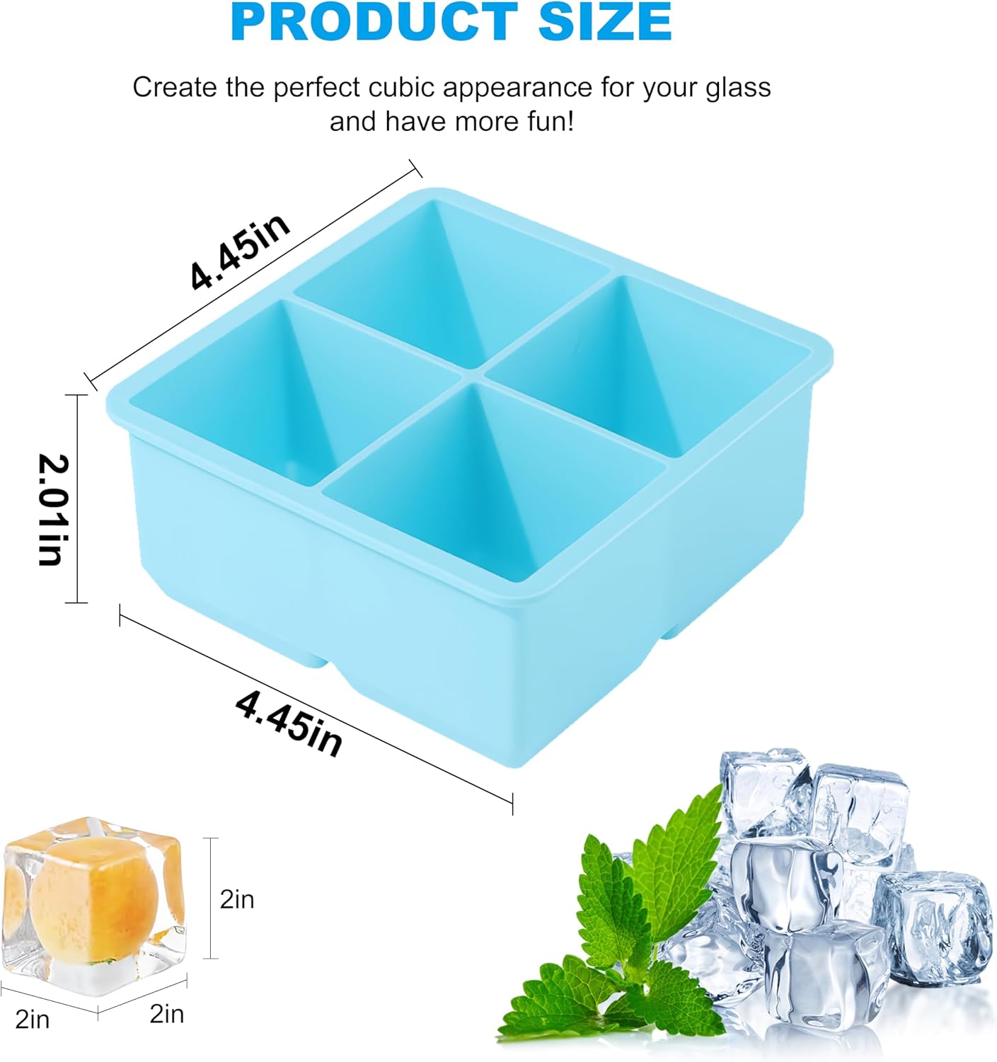 Large Silicone Ice Cube Tray 2Pack, Easy Release 2" Big Ice Cubes,Leak Proof Removable Lid Square Ice Cube Tray for Cocktail，Whiskey，Reusable Stackable Flexible Ice(Blue+Pink) (Blue)