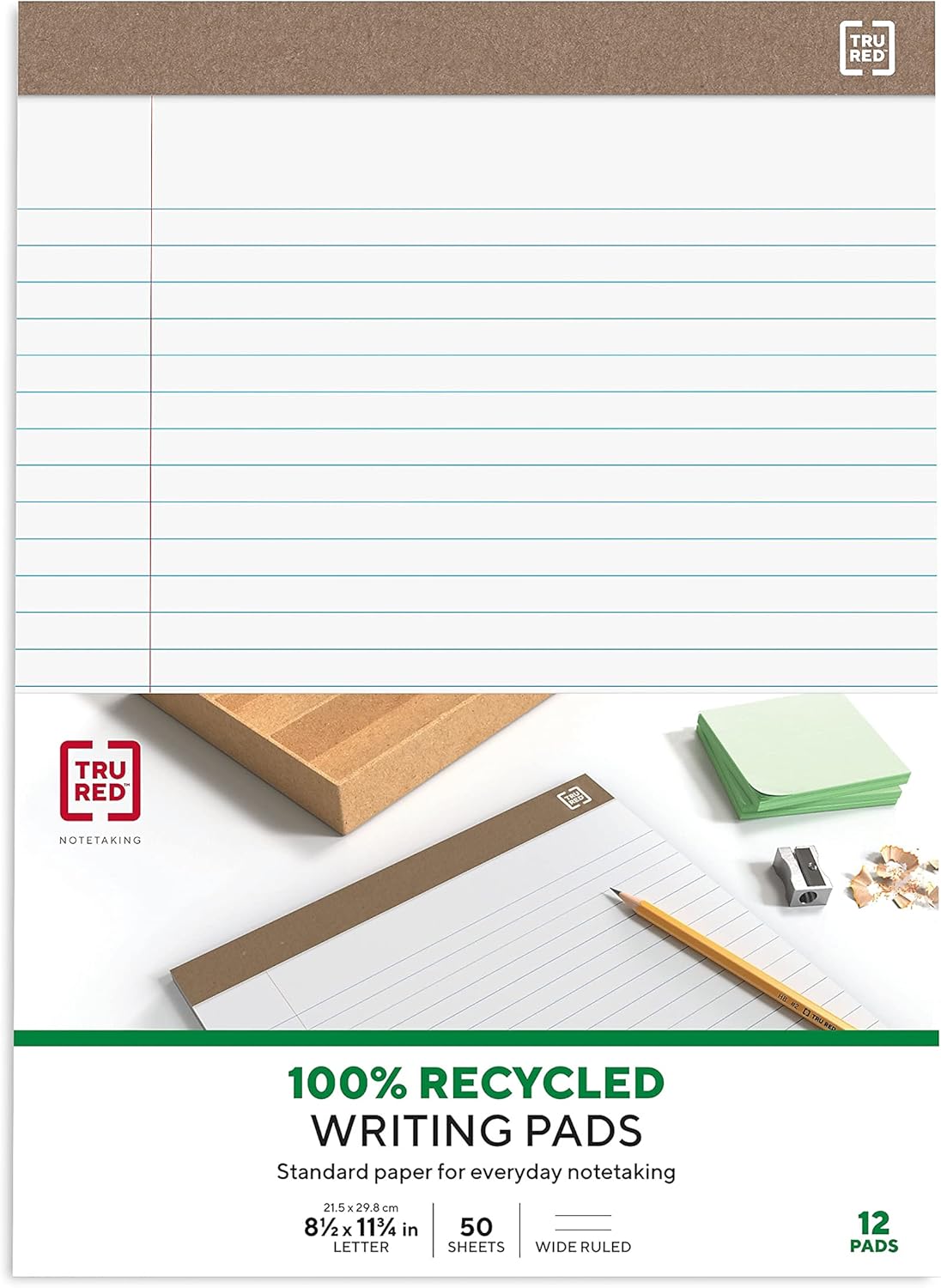TRU RED Notepads, 8.5” x 11.75”, Wide Ruled, White, 50 Sheets/Pad, 12‑Pack