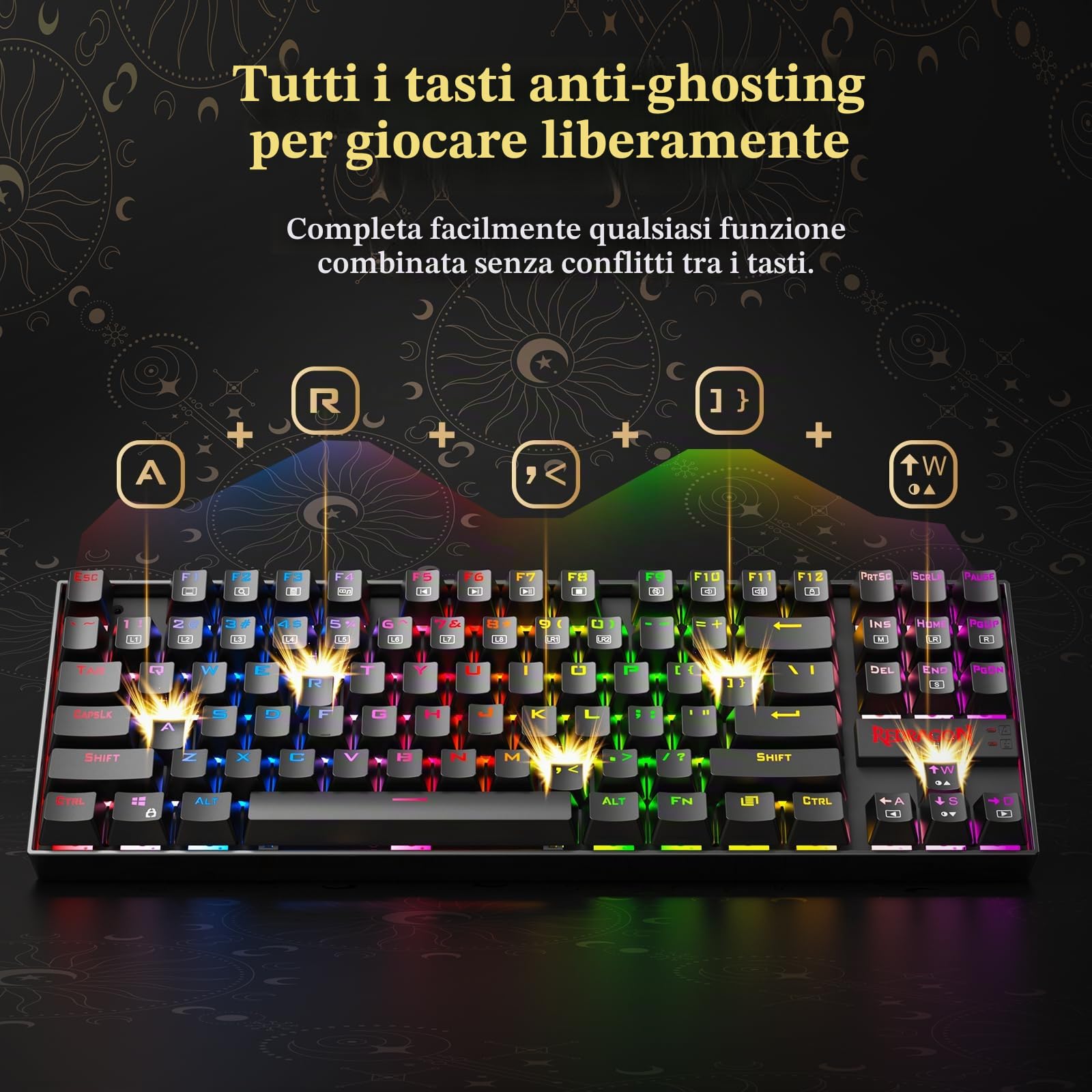 Redragon K552 Tastiera da gioco RGB 87 tasti meccanica RGB retroilluminata a LED arcobaleno Tastiera per computer senza chiave Design compatto Interruttori blu per giochi su PC Windows (layout QWERTY)