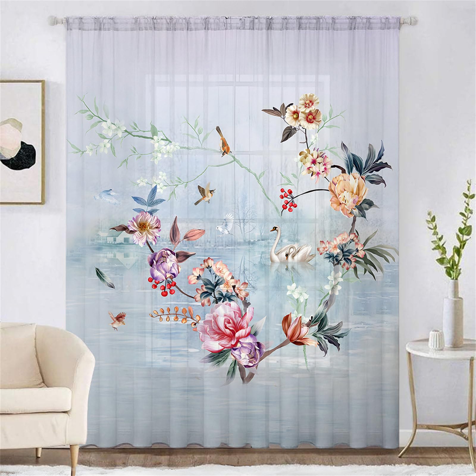 Surwin Net Curtains for Windows, 1 Panels Voile Curtain, Flower and Bird Series with Eyelets, Semi Transparent Lightweight Voile Panel for Living Room Bedroom Balcony (Blue 1,W132xH241cm)