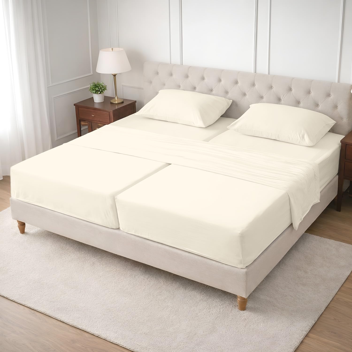SGI Split King Sheet Set for Adjustable Bed Egyptian Premium Cotton 600 Thread Count Sheets for Sleep Number Bed 15" Deep Pocket 5 Pc Set with 2 Twin XL Fitted Sheets Soft Breathable -Ivory