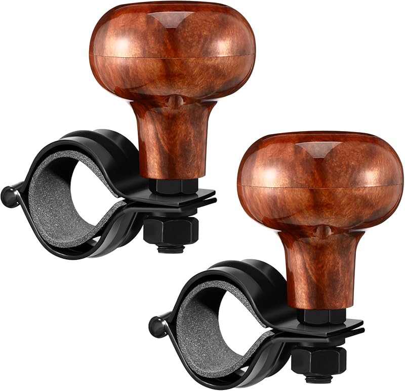 Tallew 2 Pcs Steering Wheel Knob Spinner 360 Rotation,Brown | Universal Fit for Cars Trucks Tractors Boats, Suicide Knobs Assist One-hand Steering, Metal Clamp Secure Easy Install