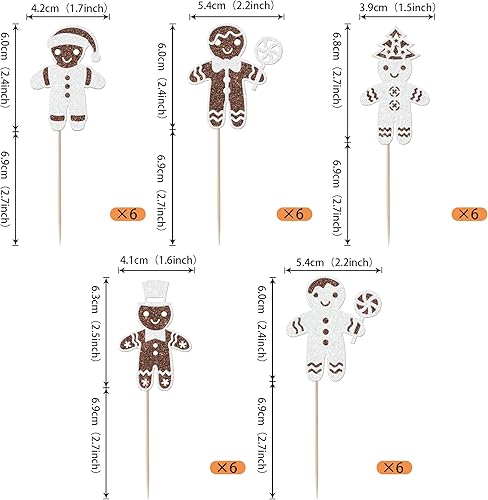 Miniatura 2 de Rsstarxi Paquete de 30 adornos navideños para cupcakes de hombre de jengibre con purpurina para baby shower, decoración para temática de Feliz