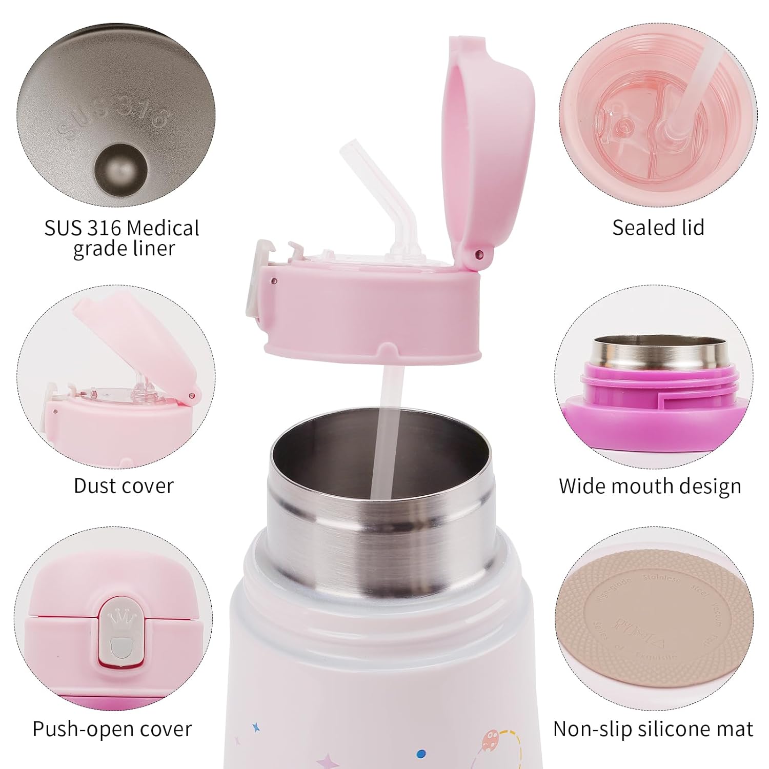 Kids Insulated Drink Bottles with Straw Girls Water Bottle 316 Stainless Steel Thermos Cup Handle & Strap Replaceable Kids Kindergarten 12Oz Hot/Cold Bottle for Outdoor & School (Rabbit)
