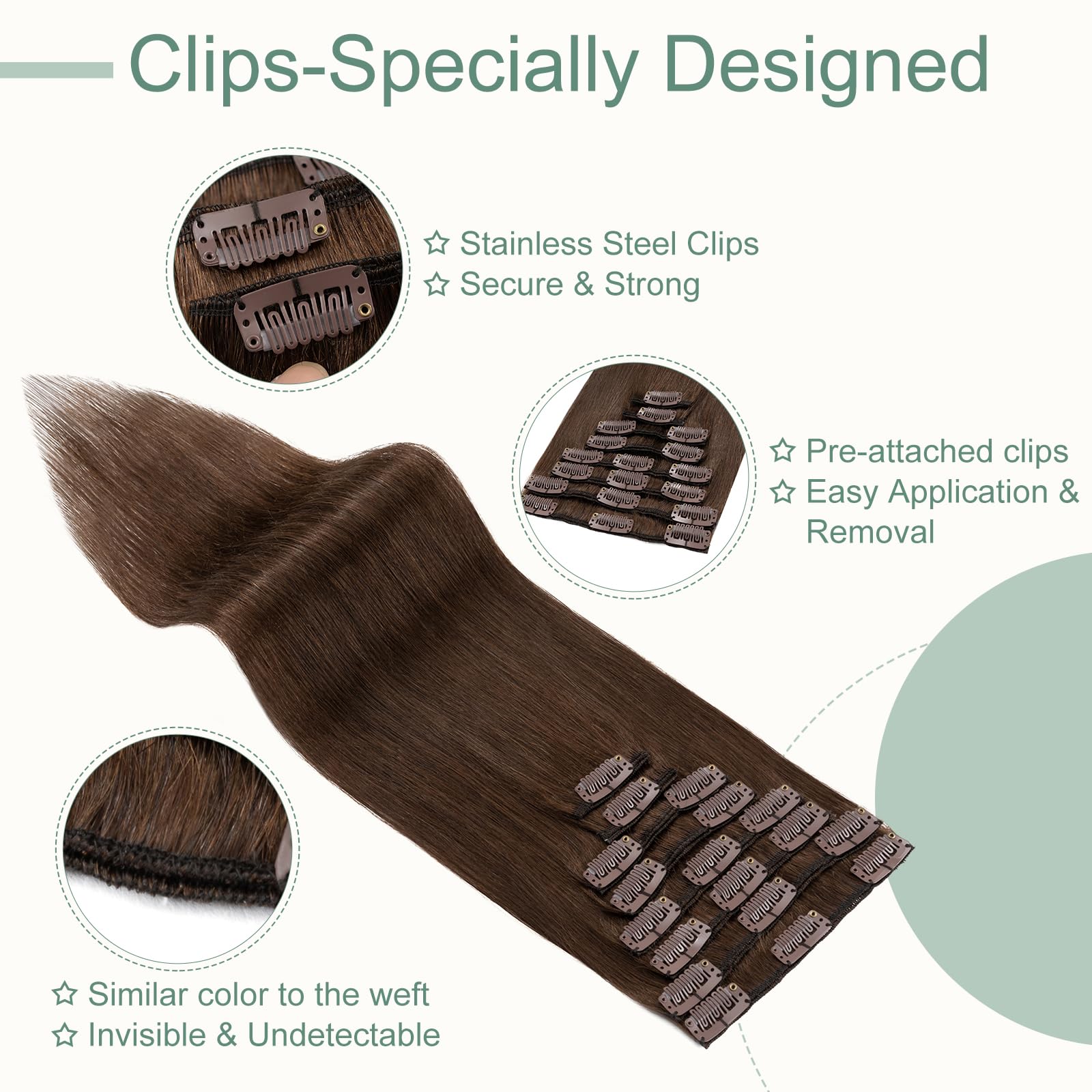 Rich Choices Hair Extensions Clip in Human Hair Medium Brown 8 Inch Remy Hair Extensions, 8PCS 45g Thin Weft - Image 3