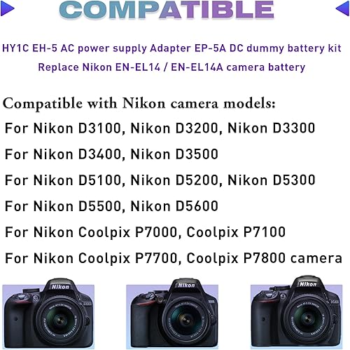 Miniatura 2 de EH-5 Adaptador de corriente de CA EP-5A Kit de batería ficticia Conector DC Reemplazo de la batería EN-EL14/EN-EL14A, para Nikon D3100, D3200
