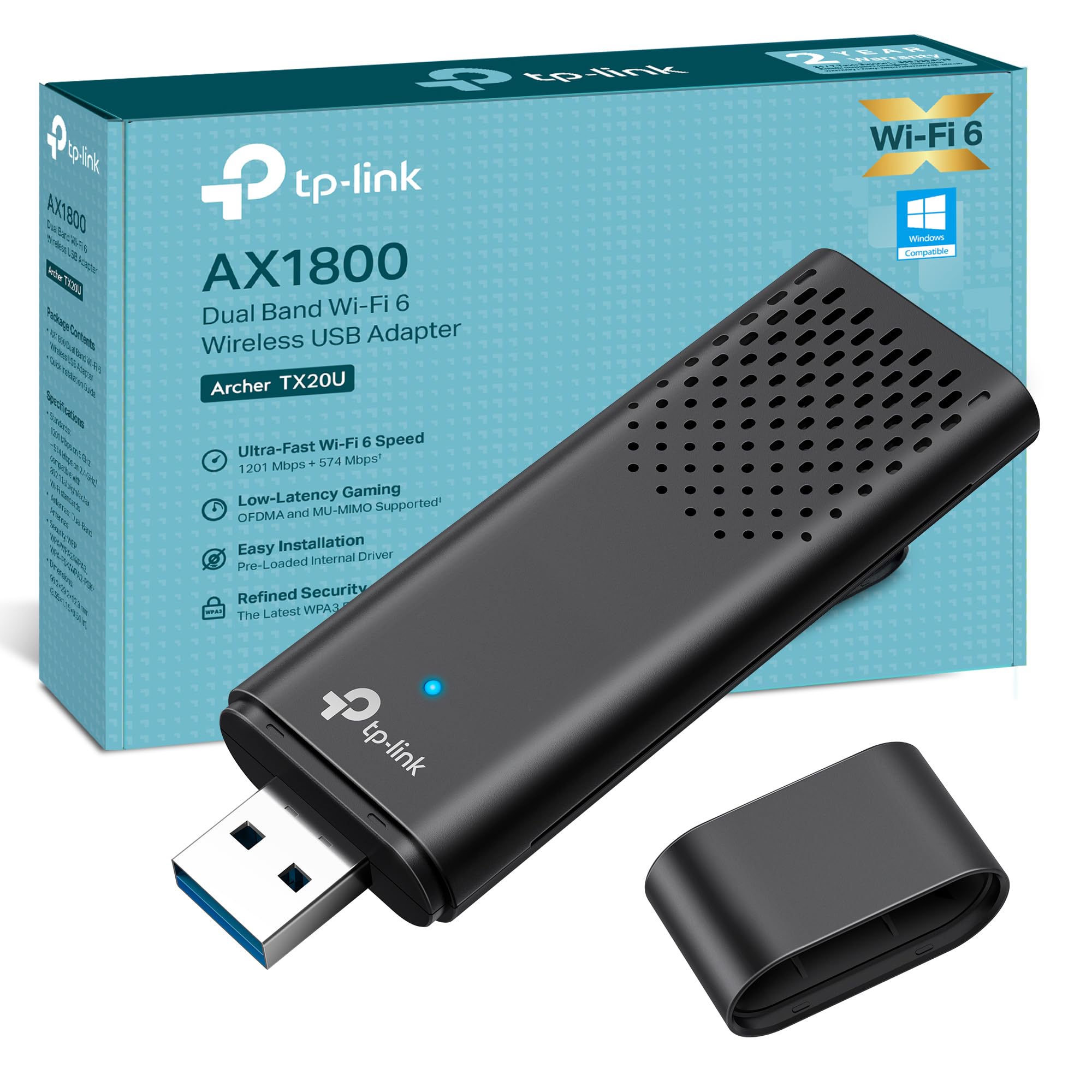 TP-Link Archer TX20U| WiFi6 USB Adapter|AX1800 de Doble Banda|1201 Mbps (5 GHz) y 574 Mbps (2,4 GHz)|OFDMA y MU-MIMO| USB3.0 |WPA3 |Compatible con Windows 11/10