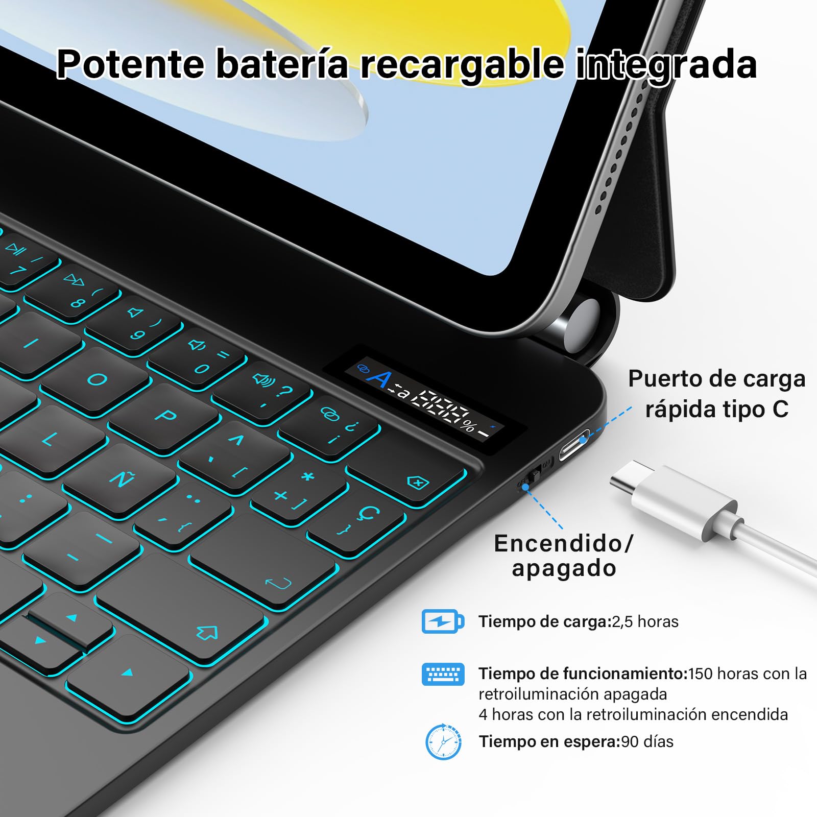 KBCASE Magic Keyboard iPad para Air 11'' M4 /M3/ Air 6/5/4 Gen y iPad Pro 11 4/3/2/1 Gen, Teclado iPad Air 11" con 7 Colores Retroiluminación, Trackpad Multitáctil, Indicador de batería, Español (Ñ)