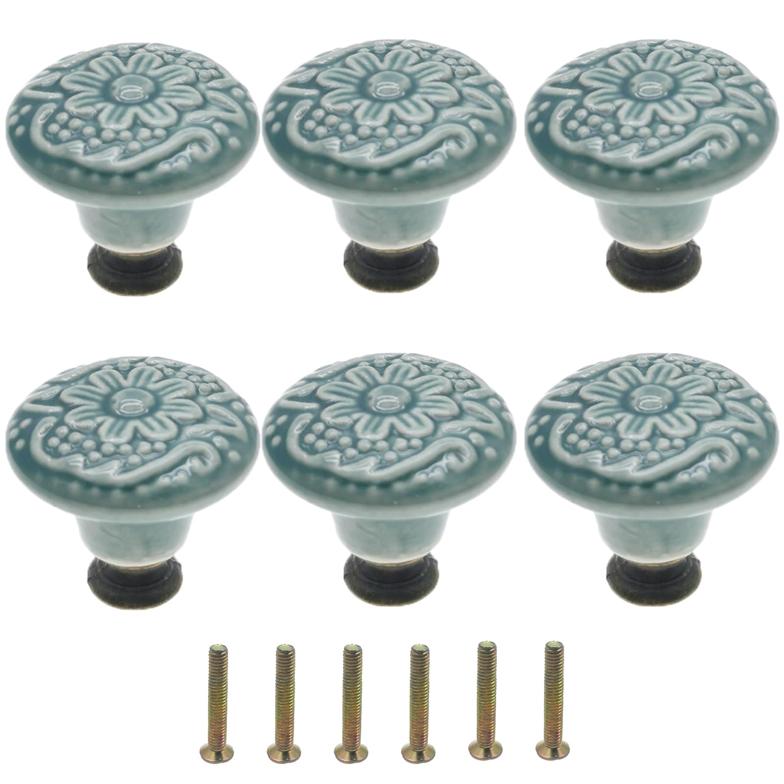 Mimhooy 6 Pcs Vintage Cabinet Pulls, Retro Drawer Knobs, Decorative Flower Knobs for Cupboards & Drawers, Green
