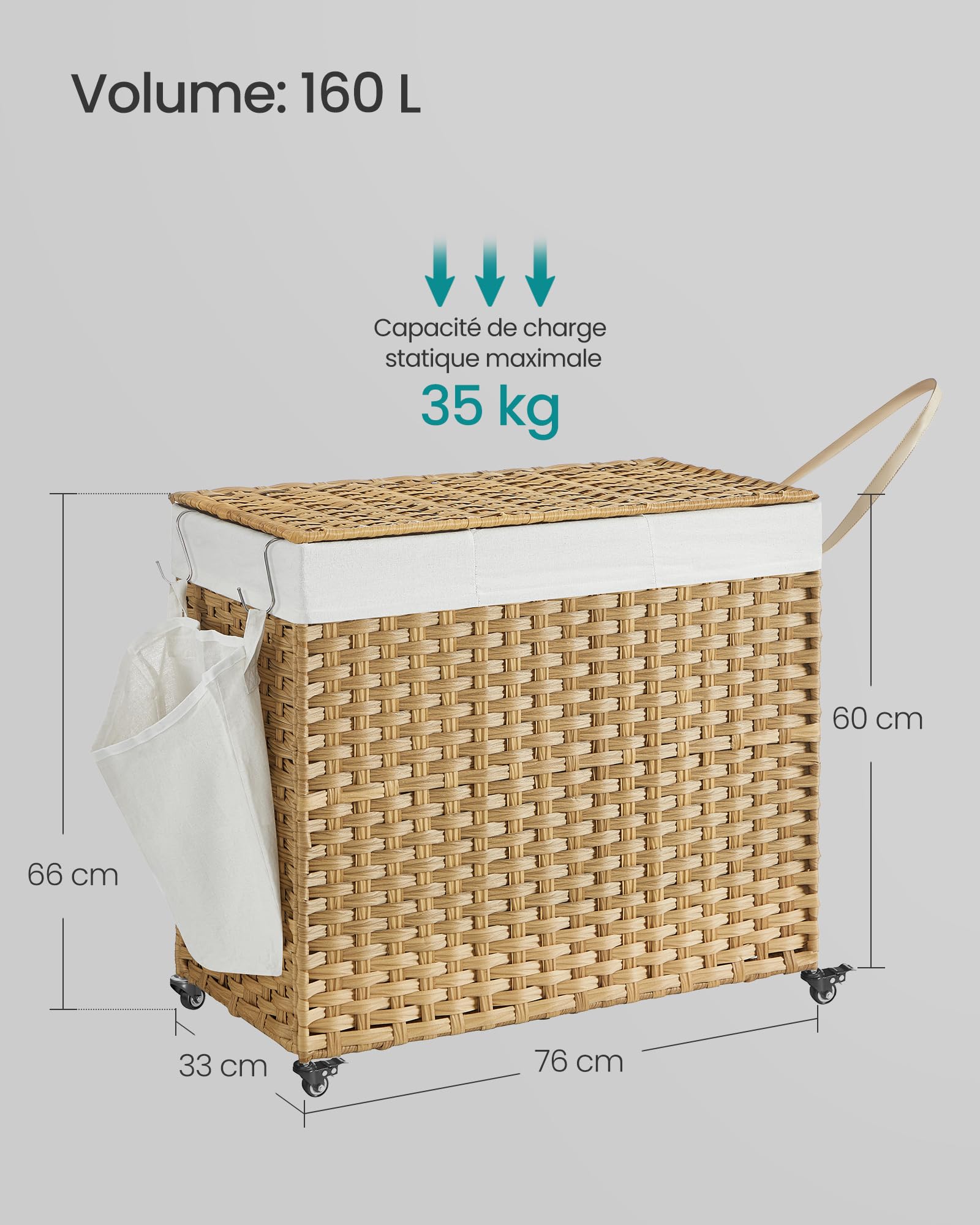 SONGMICS Panier à Linge avec Couvercle, 160L, Corbeille Linge Sale Tressé, avec roulettes, 3 Compartiments, Sac Intérieur Amovible, pour Buanderie, Chambre, 70 x 36 x 66 cm, Couleur Boisée LCB365N01