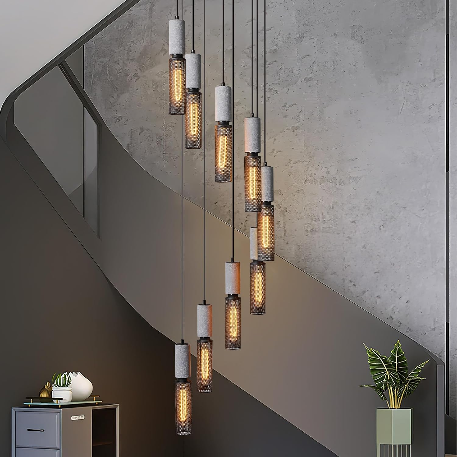 9-Light Concrete Linear Black Pendant Light with a Metal Mesh Shade,Staircase Large Chandelier Lobby Living Room Bedroom Foyer High Ceiling Chandelier