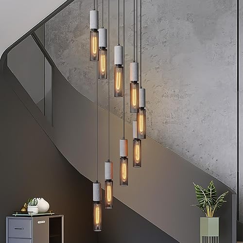Miniatura 5 de Lámpara colgante lineal negra de hormigón de 9 luces con pantalla de malla metálica, lámpara grande para escalera, vestíbulo, sala de estar,