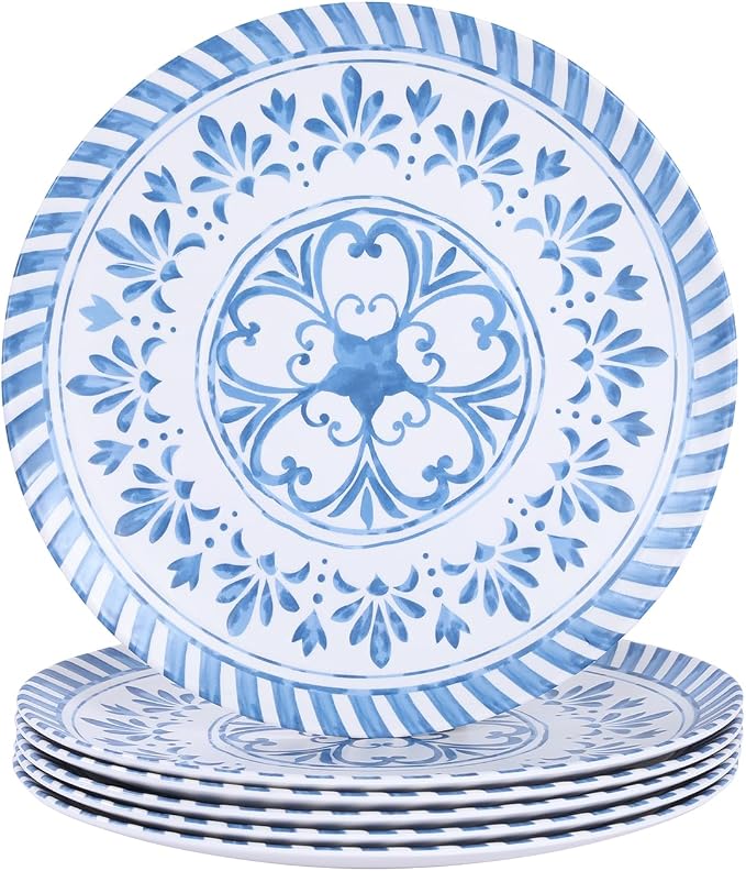 Melamine Plates Set,10.75 Inch Dinner Plates Set, 6pcs Blue Dishes Set with Embossed Design, Unbreakable,Indoor and Outdoor use,Blue&White