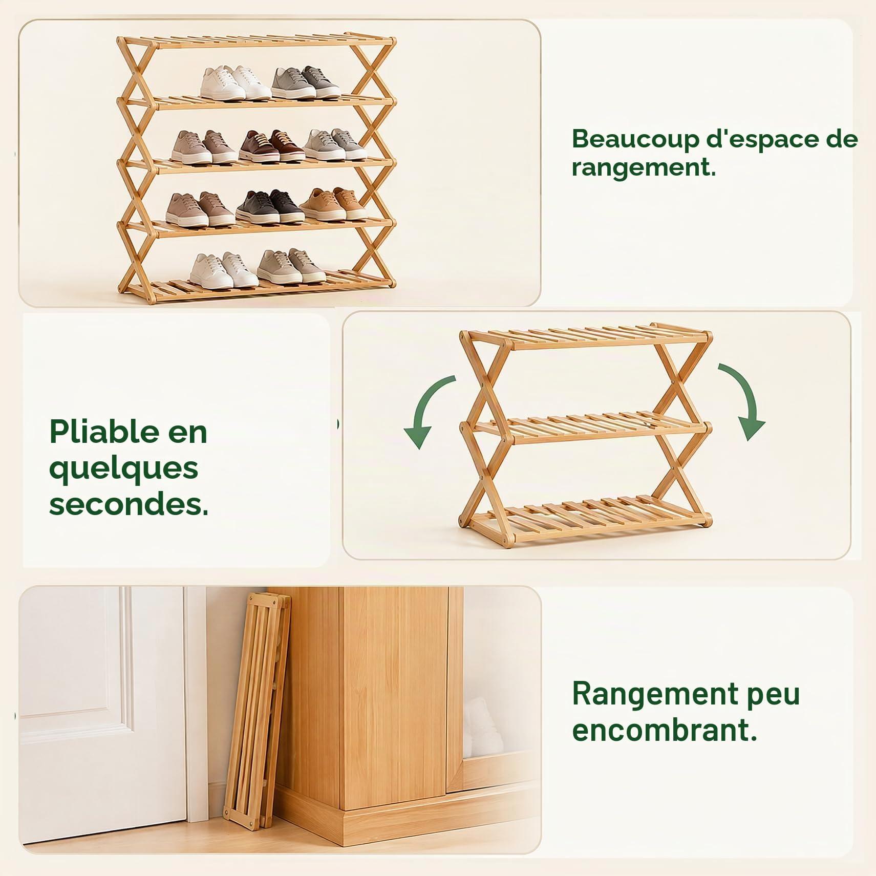 Meuble à Chaussures en Bambou à 4 Niveaux – Pliable, Gain de Place, Aucun Montage requis – Étagère à Chaussures en Bois pour couloirs, entrées, Chambres et Salons