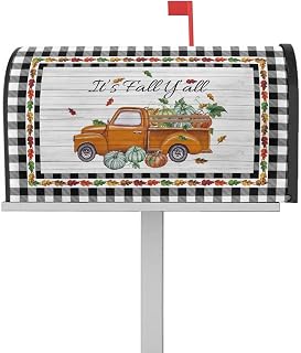 Mailbox Cover Magnetic Fall Thanksgiving Maple Leaf Pumpkin Harvest Farm Truck Mailbox Covers Standard Size 21x18in,Mailbox Covers Wrap Post Letter Box Cover for Garden Retro Plank Black White Grid