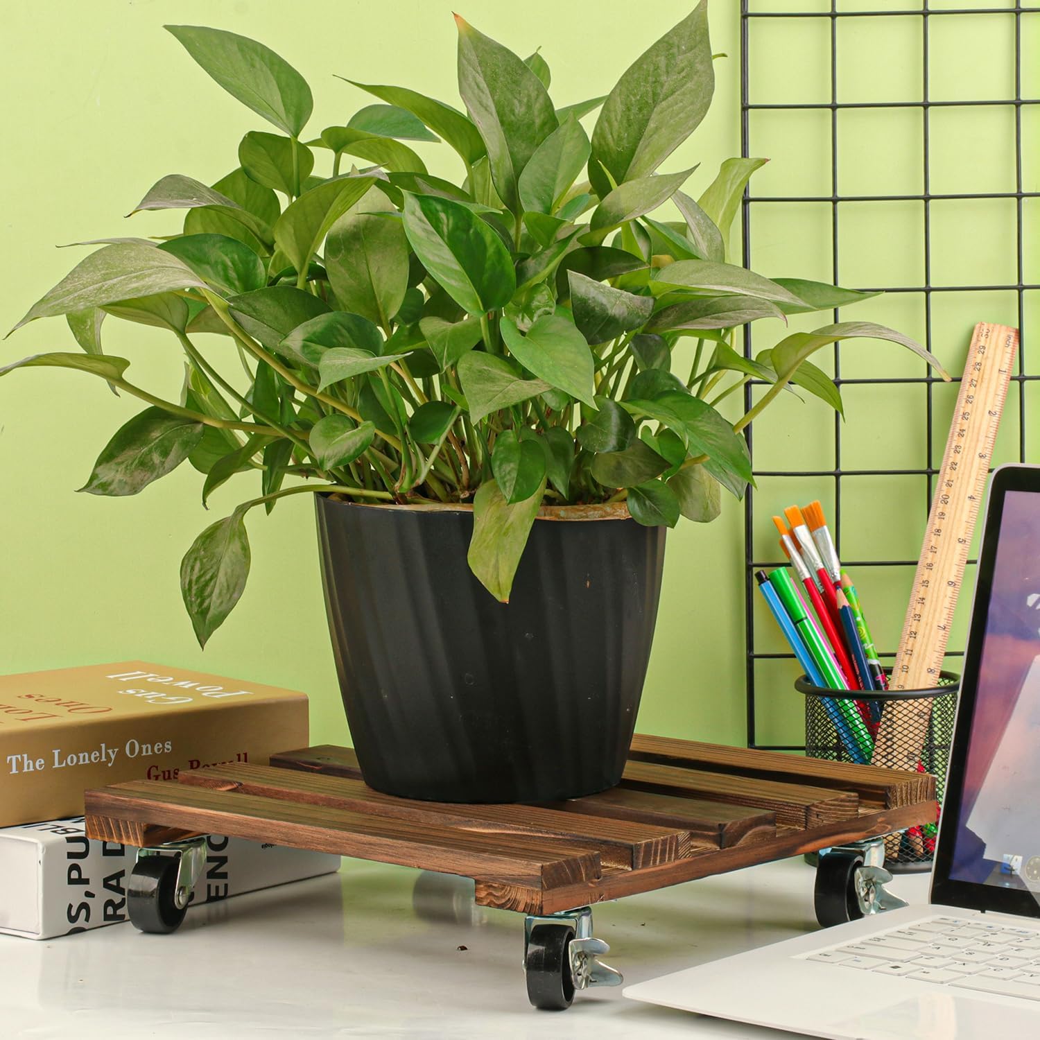 12 Inch Wooden Plant Caddy with Wheels, 4 Pack Rolling Plant Stand, Heavy Duty Indoor Outdoor Use, 360° Lockable Casters, Brown, Supports 132 lbs