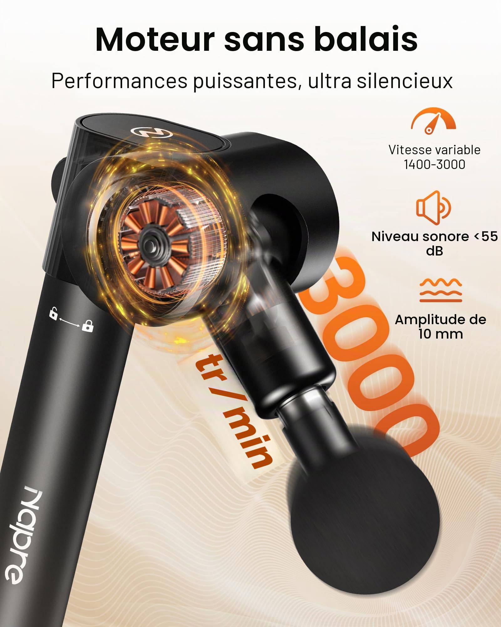 Pistolet Massage Pliant NAPRE: Manche Extensible & 5 Angles, Massage Dos/Tissus Profonds pour Douleurs, Percussion Main, 32 Vitesses, 6 Embouts Silencieux avec Coffret