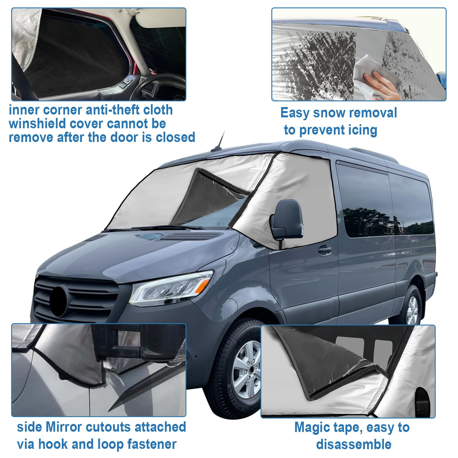 JOJOCY Cubierta para parabrisas delantero para Mercedes Sprinter 2019-2025, tela Oxford gruesa 210D desmontable, cubierta para parabrisas de coche, protección solar, protección contra el hielo, polvo