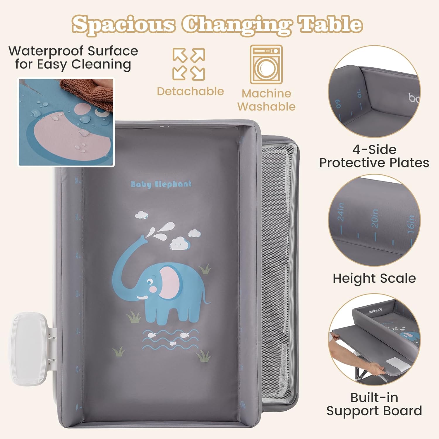 BABY JOY Portable Baby Changing Table, Foldable Waterproof Diaper Changing Station w/Wheels, Adjustable Height, Storage Basket, Shelves & Trash Bin, Mobile Nursery Organizer for Newborn Infant, Gray