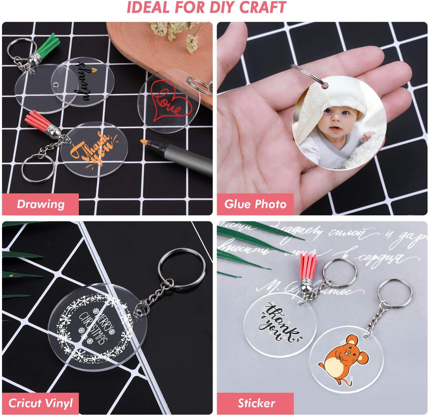 Acrylic Keychain Blanks, Audab 50pcs Clear Keychains for Vinyl, Acrylic Transparent Circle Discs Acrylic Blanks Keychain Bulk for DIY Keychain, Crafting and Vinyl Projects