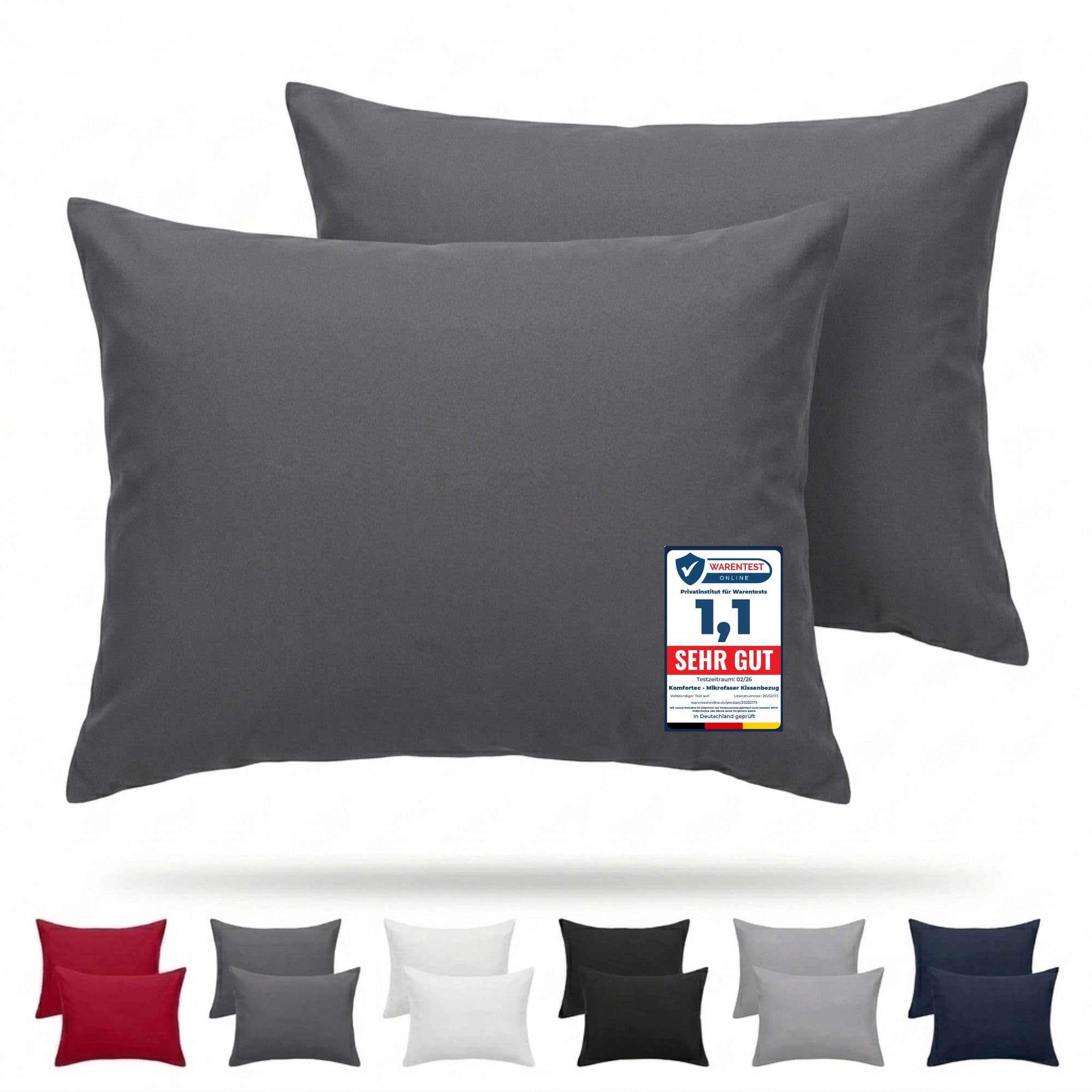Komfortec Kissenbezug 2er Set - 100% Mikrofaser, Weich & Atmungsaktiv, mit Reißverschluss - Kopfkissenbezug - Waschbar & Pflegeleicht - Anthrazit- 50 x 70 cm